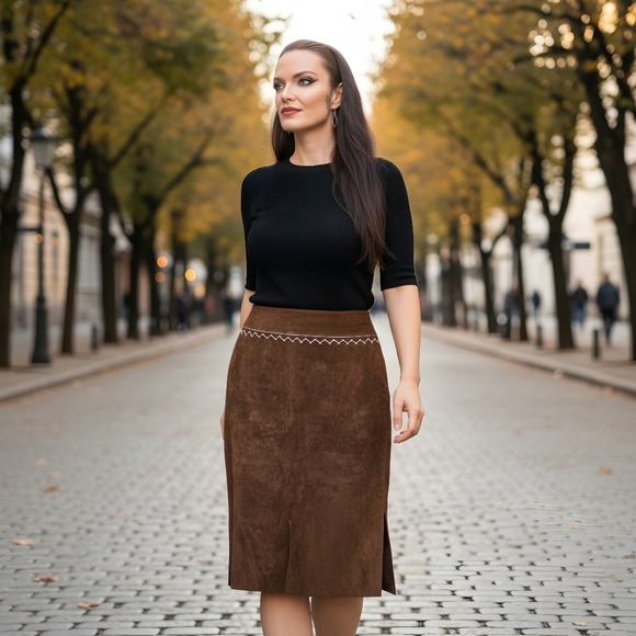 BCBGMaxAzria Dresses & Skirts - BCBG ✦ Brown Leather Midi Skirt ✦ Crisscross Waist Side Slit Back Zip Size 4 EUC